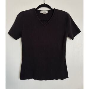 Black Vintage Casual Corner Ribbed Knit V-Neck Top S